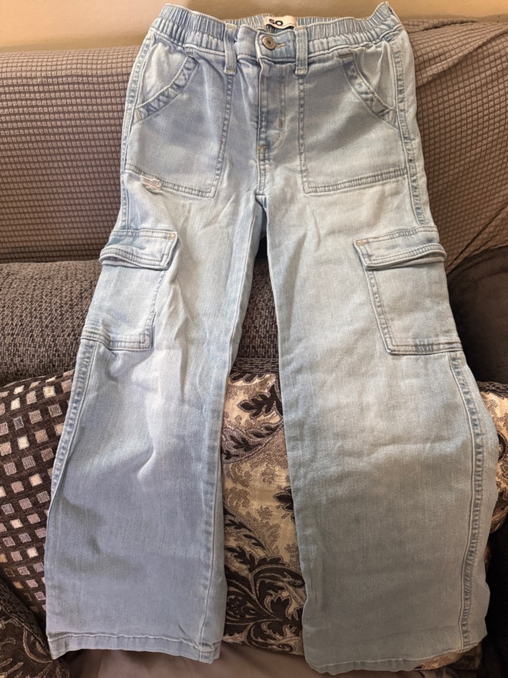Girls Light Wash Cargo Denim Pants